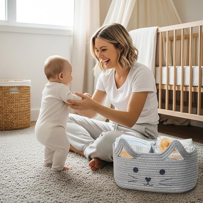 T&T Homewares Diaper Caddy Organizer, Cotton Rope Diaper Caddy Basket, Baby Shower Basket, Nursery Storage Bins, Newborn Caddie- Cat, Fox, Penguin (Grey Cat)