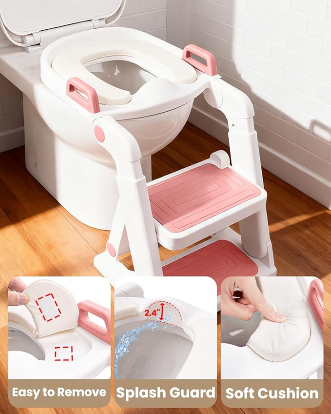 Potty Training Seat, Primlect Upgrade Toddler Toilet Seat for Kids Boys Girls, 2 in 1 Potty Training Toilet with Step Stool, Adjustable Seat, Non-Slip Pad, Splash Guard (Soft Pink)