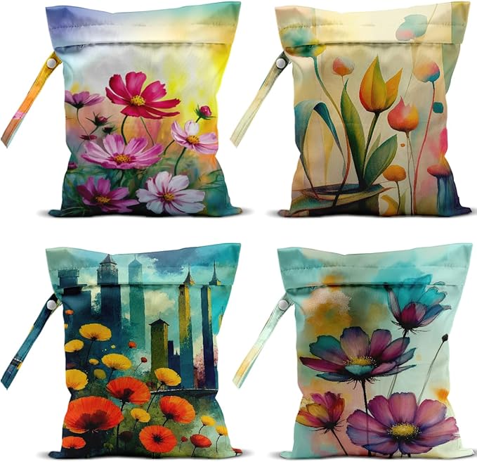 4 Pack Wet Bag Waterproof Washable Reusable Wet Dry Bag for Swimsuit Dirty Clothes Diaper Travel Beach Pool Gym Christmas Camping Toiletries Beach Essentials，Colorful Flower Abstract Wildflowers