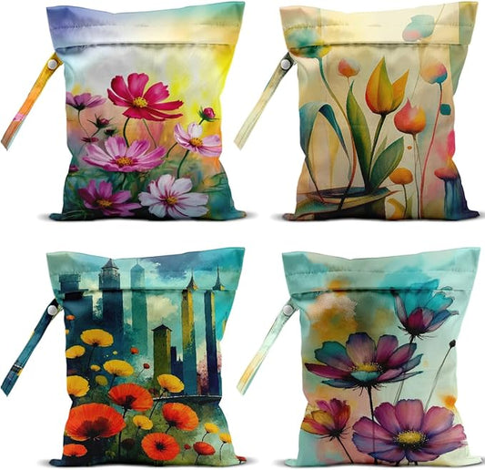 4 Pack Wet Bag Waterproof Washable Reusable Wet Dry Bag for Swimsuit Dirty Clothes Diaper Travel Beach Pool Gym Christmas Camping Toiletries Beach Essentials，Colorful Flower Abstract Wildflowers