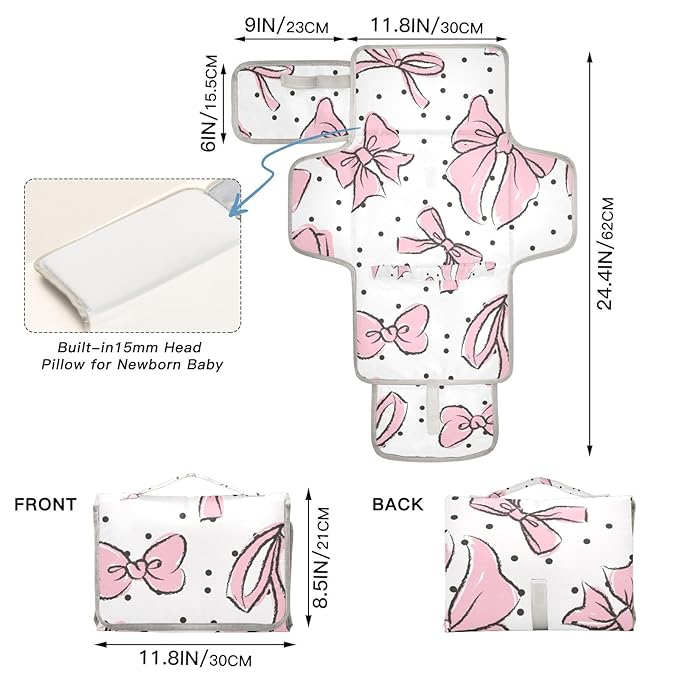Pink Bow Portable Diaper Changing Pad - Waterproof Foldable Baby Diaper Changing Pad with Built-in Pillow, Travel Diaper Changing Mat for Newborn Baby