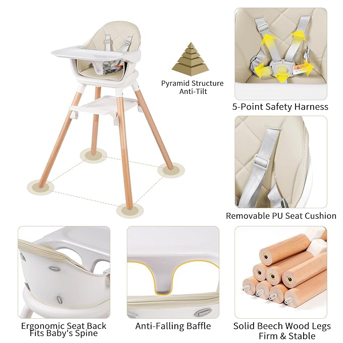 6 in 1 Baby High Chair, Convertible Wooden High Chairs/Booster Seat for Babies and Toddlers, Baby Feeding Chair with 5-Point Harness/Double Removable Tray & Adjustable Footrest (Beige)