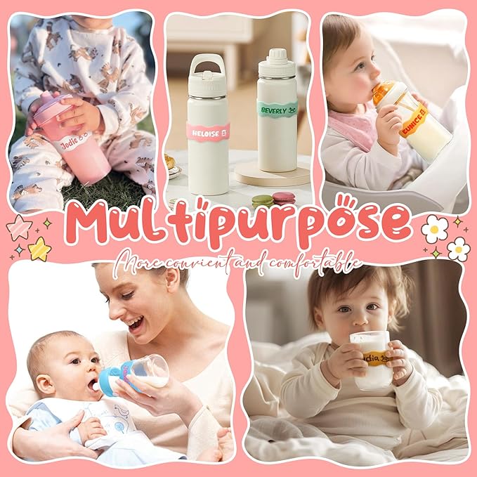 Personalized Baby Bottle Labels for Daycare Custom Engraved Silicone Bands with Name Logo Reusable Personalized Name Labels for Daycare Kindergarten School Summer Camps