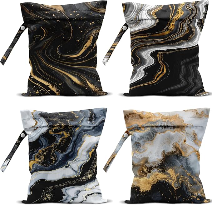 4 Pack Gold Black Marble Wet Bag Waterproof Washable Reusable Wet Dry Bag for Swimsuit Clothes Cloth Diaper Travel Beach Pool Gym Toiletries Gift for Women Mom Friend Birthday Christmas Housewarming