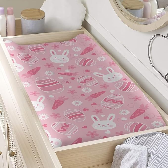 Rabbit Diaper Changing Pad Cover Pink Changing Table Pad Cover 32''*16'' Changing Table Cover Easter Decor Soft Breathable Nursery Decor