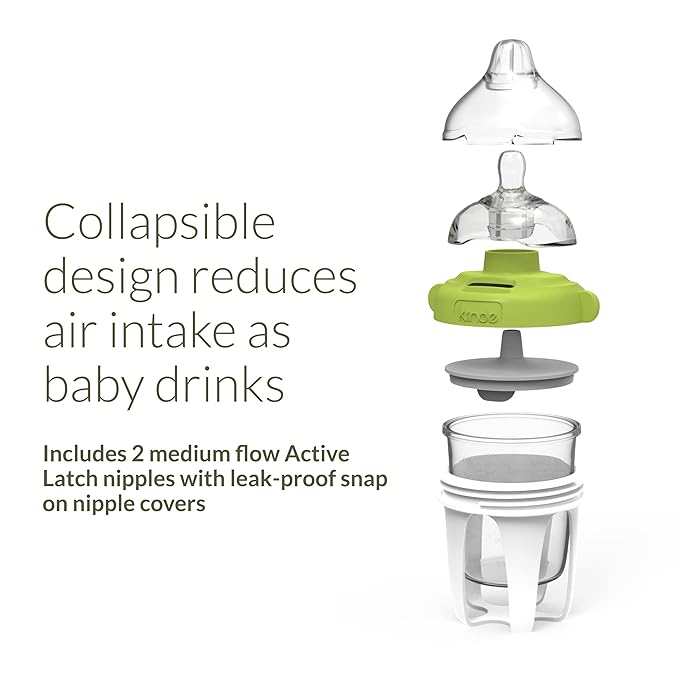 Kiinde Active Latch Silicone Baby Bottle, Anti Colic, Leak Proof, Easy to Clean, Includes 2 Medium Flow Active Latch Nipples with Covers, 4 Ounce, 2 Count, Pink