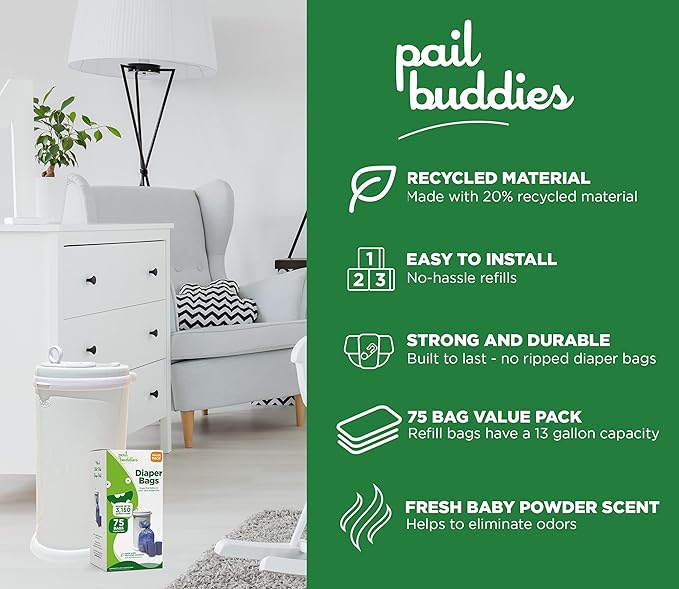 Pail Buddies Diaper Bags, 75 Count, Fresh Powder Scent, Compatible with Ubbi Diaper Pail, Made with Recycled Material, 13 Gallon Capacity, Strong and Durable