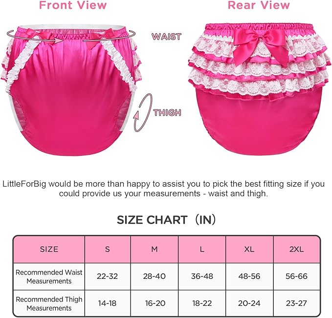 Littleforbig Washable Ruffled Lace Bow Pretty in Rose Satin Over Diaper Cover L
