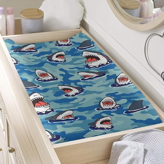 Blue Shark Changing Pad Covers for Baby Girls Boys Change Table Covers Diaper Changing Mat Sheets Cover Breathable