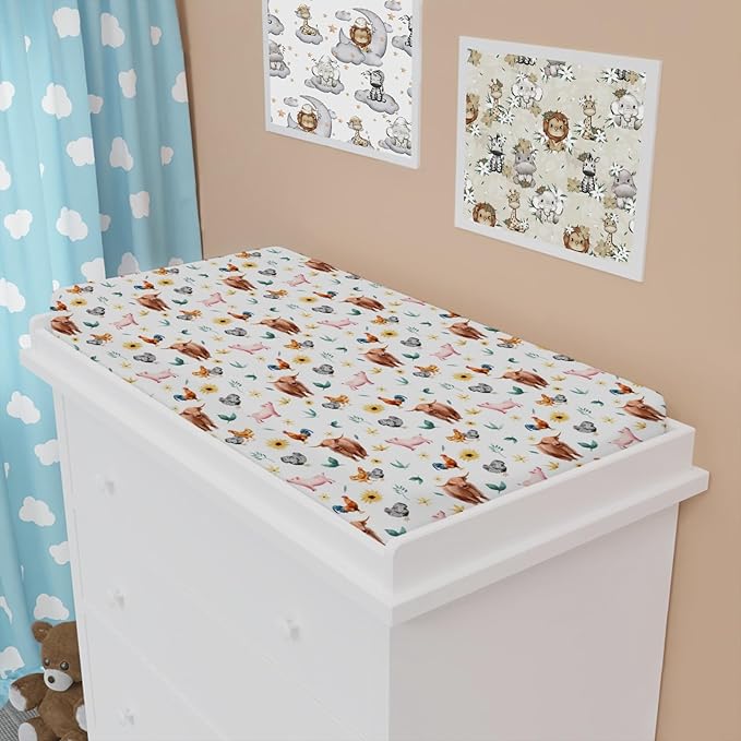 Watercolor Farm Animals Baby Changing Pad Covers Yak Pigs Rooster Hens Boho Sunflowers Leaves Diaper Change Table Pad Cover for Boys Girls Soft Stretch Fitted Changing Mat Sheets 32''x16''