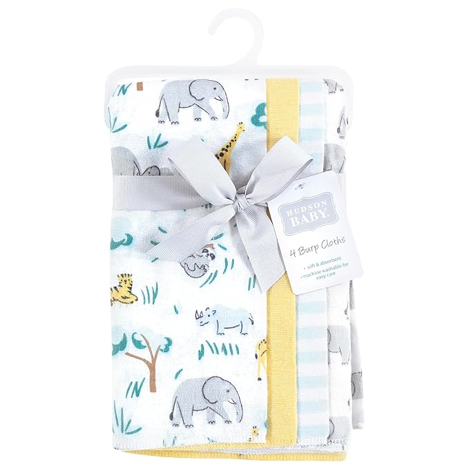 Hudson Baby Unisex Baby Cotton Flannel Burp Cloths 4-Pack, Safari Friends, One Size