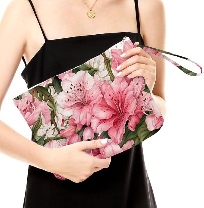 Fokongna Floral Print Wet Bag, Small Portable Waterproof Multi-Functional Organizer for Women, Pink Lilies, Ideal for Daily, Beach & Travel