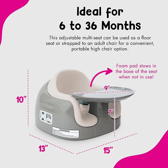 Bumbo 3-in-1 Multi-Seat for 6 to 36 Months, Travel Baby Feeding & Play Floor Seat, All-in-One Portable Booster with Tray & Toddler High Chair, Breige/White Sand