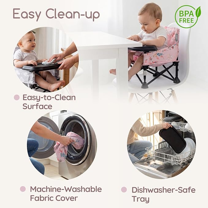 Booster Seat for Kitchen Chair with Removable Tray, Portable Foldable Baby Chair for Babies 6-36 Months, Indoor Outdoor Toddler Camping Chair (Pink Floral Design)