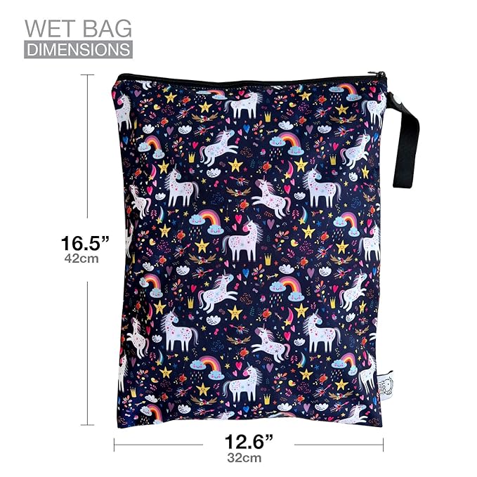 FLOCK THREE Waterproof and Reusable Wet Bag Diaper Stroller Water Resistant Swimsuit Travel Toiletries Yoga Gym Washable Carrier Unicorn Large 12.6'' x 16.5''