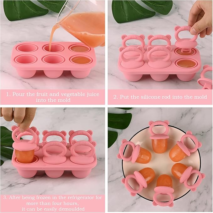 Toddler Popsicle Molds Baby Food Storage Containers Suitable for Fresh Frozen Fruit Puree and Yogurt Ice Cream with Handle Food Freezer Trays (Pink)