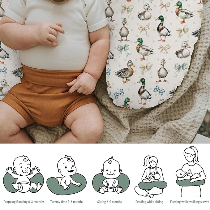 Vintage Duck Bows Floral Baby Nursing Pillow Covers for Boy Girl Green Mallard Ducks Nursing Slipcovers for Breastfeeding Pillows Hunting Duck Bird Soft Stretchy Removable Covers for Newborn Infant