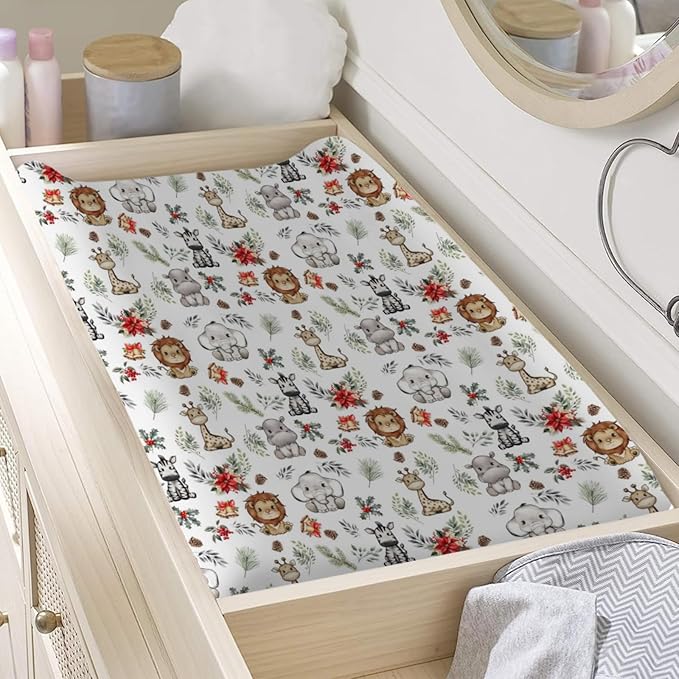 Safari Animals Xmas Changing Pad Cover Lion Hippo Zebra Giraffe Elephant Pine Fir Cherry Flower Leaves Diaper Change Table Sheets for Boys Girls Soft Stretchy Changing Mats 32''x16''
