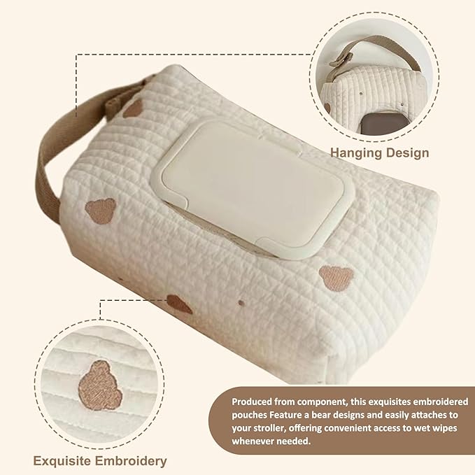 Diaper and Wipes Pouch, Diaper Bag Organizer, Bear Pattern and Wipes Pouch with Handle, Washable Reusable Embroidery Baby Storage Bag for Travel
