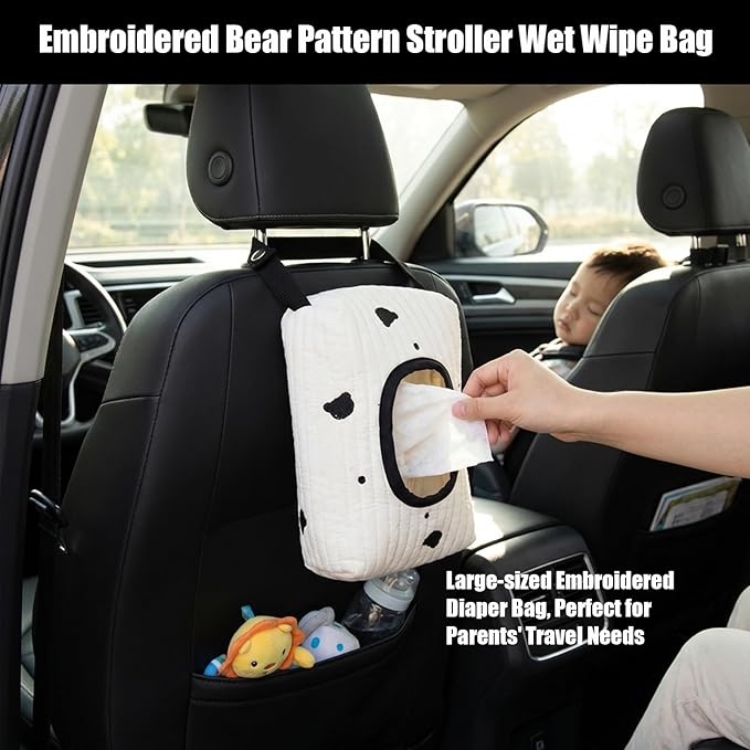 Embroidered Bear Baby Wipes Dispenser, Portable On-the-Go Wet Wipes Pouch for Diaper Bag, No-Spill Travel Wipe Holder with Strap, Cute & Washable Diaper Accessories for Baby Shower Registry