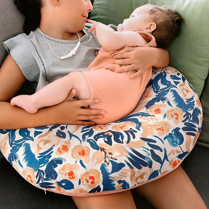 GRSSDER Reversible Nursing Pillow Cover, Ultra Soft Stretchy Minky Removable Nursing Covers Fitted for Breastfeeding Pillows Snug and Safe, Blush Flora