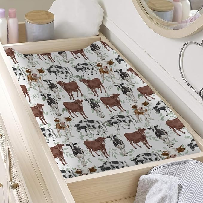 Farm Cows Boho Leaves Changing Pad Cover Watercolor Cows Green Leaves Baby Diaper Changing Pad Cover for Boys Girls Soft Breathable Stretch Fitted Baby Changing Pad Covers 32''x16''