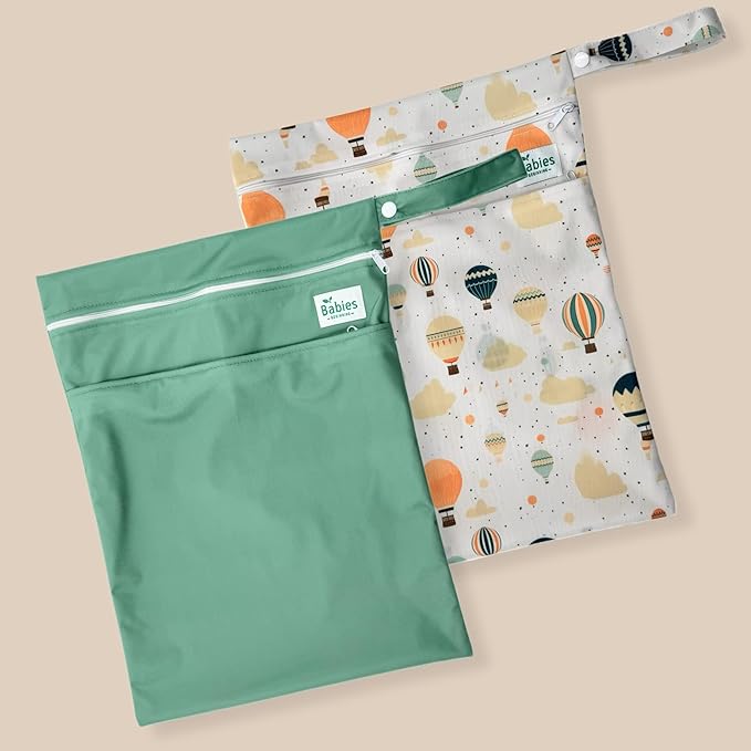 2-Pack Wet Bags – Waterproof Travel Bags for Cloth Diapers, Baby Essentials & Swimwear – Reusable Wet Dry Bag with Double Zipper & Handle for Diaper Bag & Beach Trips (Olive Skies)