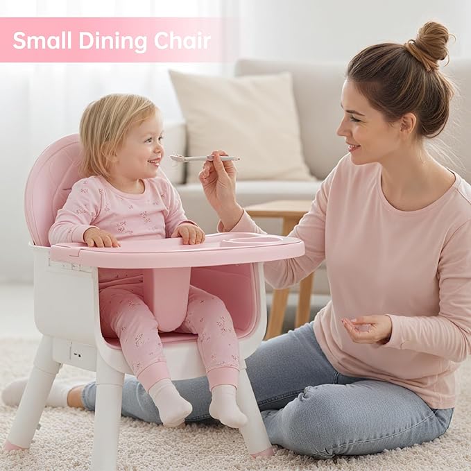 6-in-1 Convertible Baby Highchair, Booster Seat, Toddler Chair & Building Block Table, with Removable Tray, Easy Clean Cushion & 5-Point Harness (Pink)