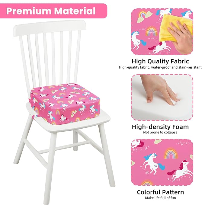 Toddler Booster Seat for Dining Table Kitchen Chair, Kids Booster Seat with Non-Slip Bottom and Adjustable Straps, 4" Detachable Washable Portable Travel Increasing Cushion (Pink Unicorn)