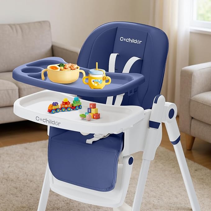 Cochildor 3-in-1 Foldable High Chair for Babies & Toddlers – Adjustable Height, Reclining Seat, 5-Point Safety Harness, Removable Tray, Lockable Wheels, Washable Cushion – Portable & Easy Clean, Blue