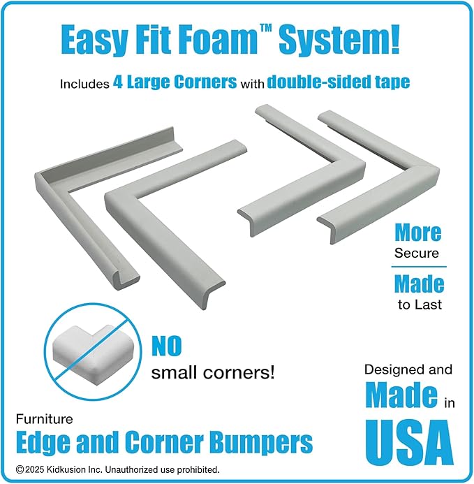 KidKusion Corner and Edge Protector | Easy Fit System | Soft Durable Foam Rubber Padding for Furniture w/Doublesided Tape | Babyproofing Bumper Guards | Large Profile | 16 Ft. | Soft Gray