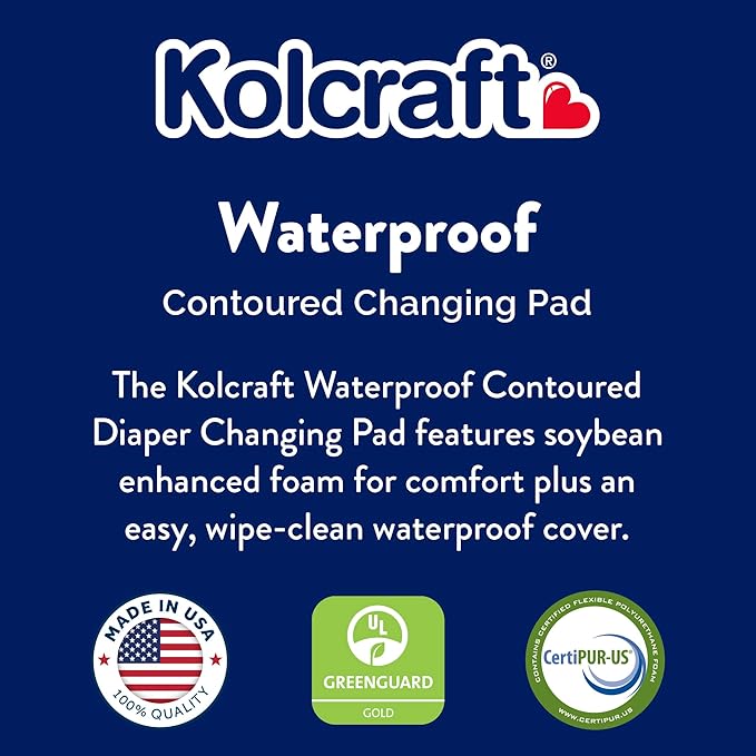 Kolcraft Waterproof Contoured Wipeable Baby Diaper Changing Pad for Dresser or Table, Durable Easy Clean Surface, Soybean Enhanced Foam, Safety Restraint Belt & Straps, Made in USA, White, 16' x 32'