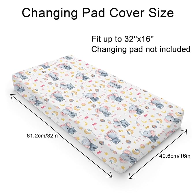 Cute Elephant Changing Pad Covers Cartoon Elephant Diaper Changing Pad Table Sheets Cover for Boy Girl Pink Elephant Soft Breathable Stretch Nursery Baby Changing Pad Mats Covers 32''x16''