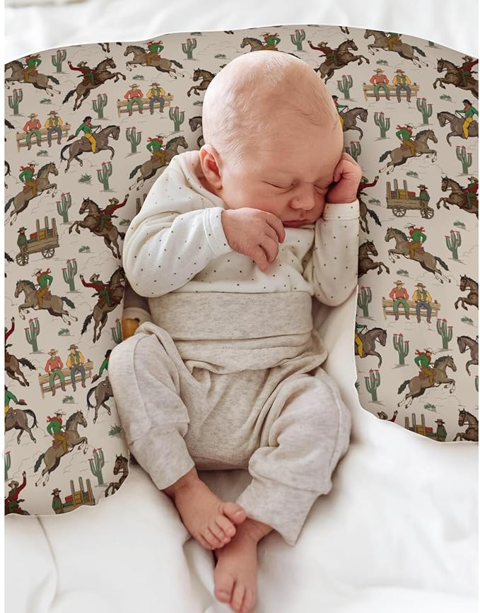 South Western Cowboys Nursing Pillow Covers for Boy Girl Cowboy Horse Riding Cactus Nursing Pillow Slipcovers for Breastfeeding Pillows Wild West Desert Soft Stretchy Covers for Newborn Infant