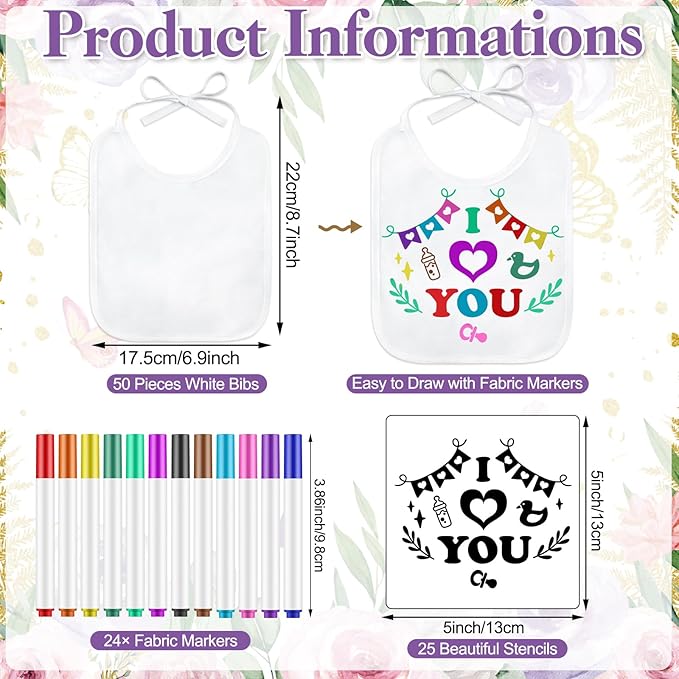 Panitay 100 Pcs DIY Baby Bibs Decorating Kit 50 White Bibs 25 Stencils 24 Markers 1 Baby Shower Game Sign