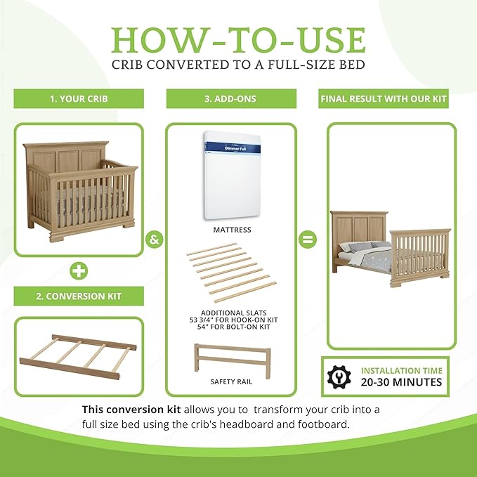 Full-Size Conversion Kit Bed Rails for Oxford, Soho, Ozlo & Avalon Baby Convertible Cribs - Solid Wood - Toddler and Adult Rail for Full-Size Bed - Nursery and Baby Furniture (Honey, Hook-On Kit)