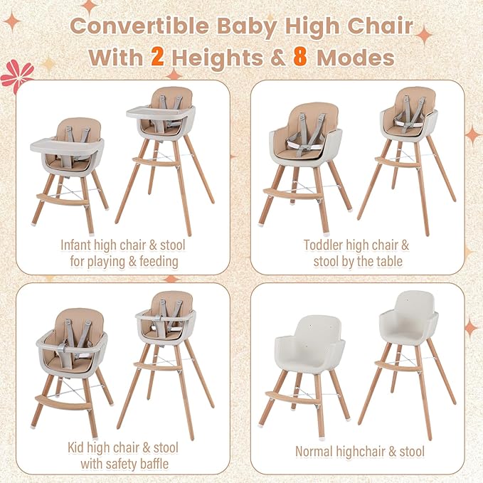 HONEY JOY Baby High Chair, 6-in-1 Eat & Grow Wooden Highchair/Toddler Chair with Removable Tray, 5-Point Harness, PU Cushion and Footrest, Convertible High Chair for Babies and Toddlers(Dark Beige)