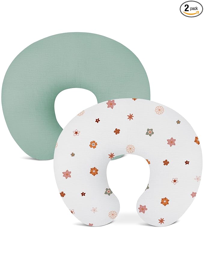 Nursing Pillow Covers 2 Pack, Muslin Nursing Cover for Breastfeeding Pillows, Comfortable for Baby Girls and Boys (Sage & Flower-B)