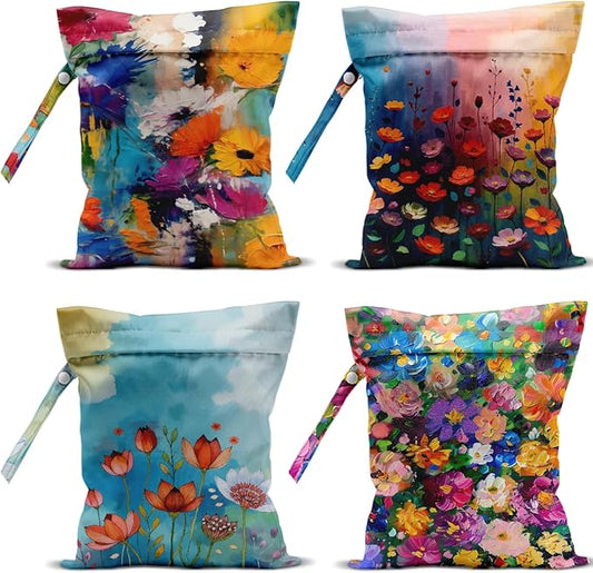 4 Pack Cute Wet Bag Waterproof Reusable Wet Dry Bag for Swimsuit Dirty Clothes Diaper Travel Beach Pool Gym Birthday Christmas Toiletries Beach Essentials，Colorful Wildflowers Bouquet Flower Decor