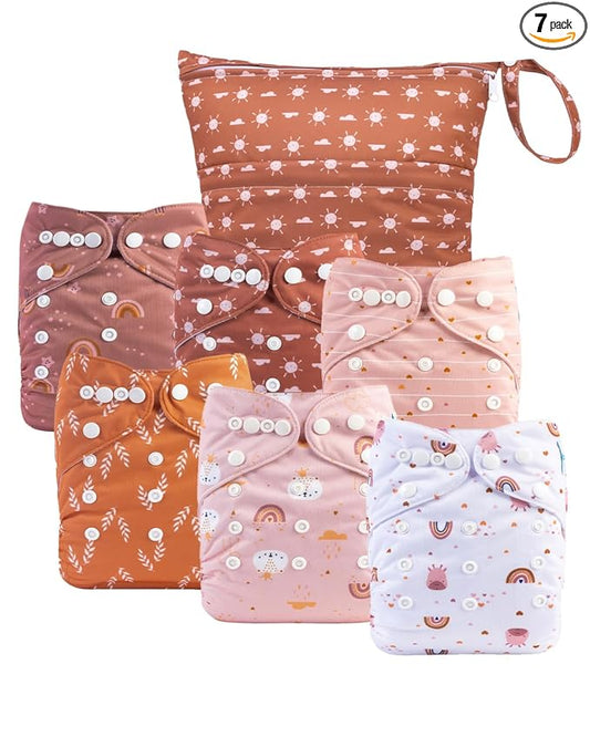 babygoal Cloth Diaper Covers 6 Pack with Wet Bag for Fitted Diapers and Prefolds with Double Gussets, Adjustable and Reusable for Baby Boys and Girls