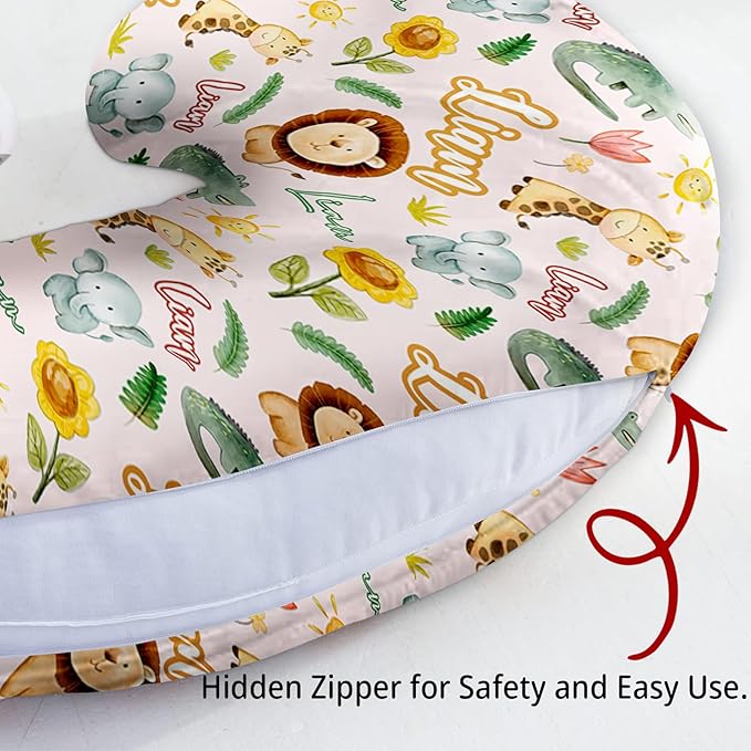 Baby Nursing Pillow Cover - Personalized Name Breastfeeding Pillow Cover with Giraffe Pattern, Stretchy Removable U-Shaped for New Moms, Soft Breathable Slipcover for Infant Boys Girls