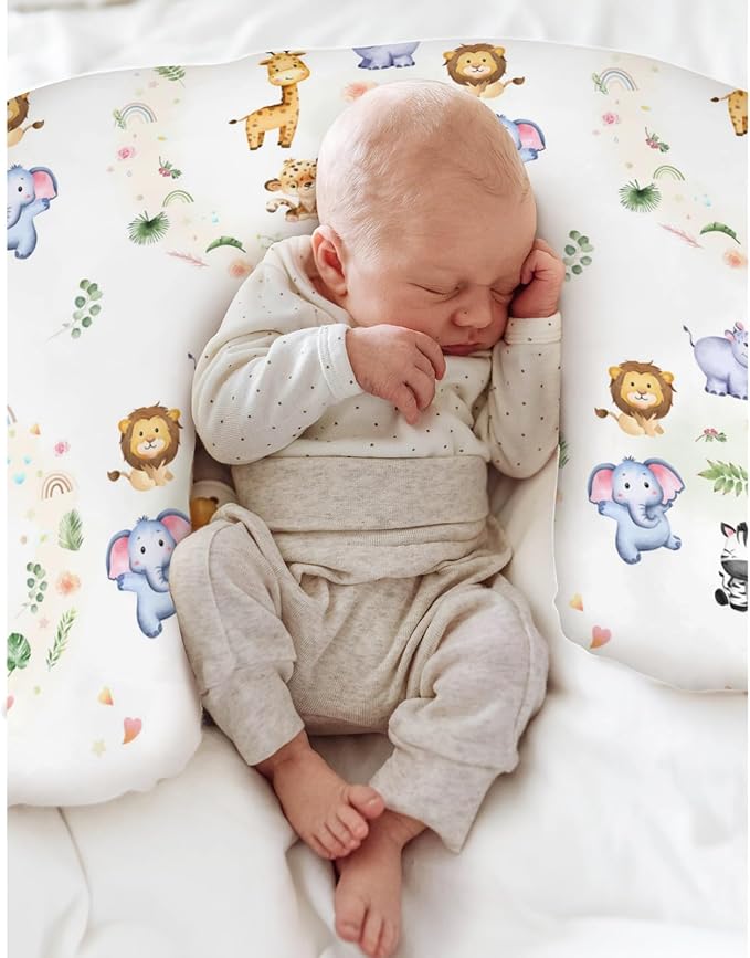Safari Animals Tropical Leaves Flowers Baby Nursing Pillow Covers for Boy Girl Zoo Jungle Rainbow Nursery Pillowcase for Breastfeeding Pillows Lion Giraffe Elephant Hippo Soft Stretchy Slipcovers