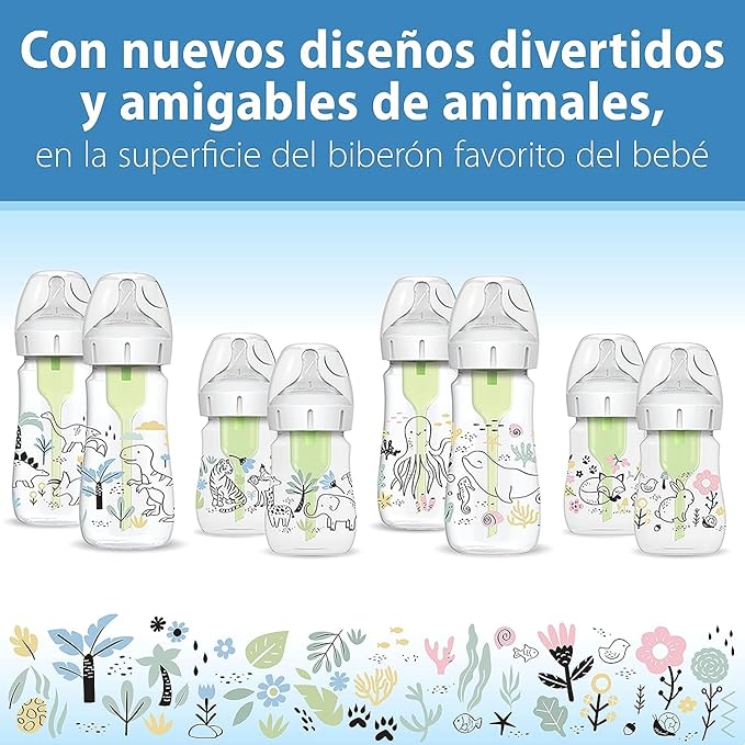 Dr. Brown's Anti-Colic Options+ Wide-Neck Baby Bottle Designer Edition Bottles, Ocean Decos, 9 oz/270 mL, Level 1 Nipple, 0m+, 2-Pack