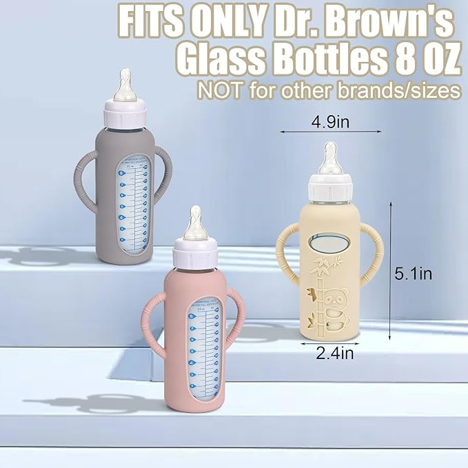 3 Pack Silicone Sleeves for Dr. Brown's Glass Bottles 8 OZ - Anti Breakage Baby Bottle Holder, Compatible with Dr. Brown's Glass Bottles for Babies with Handle (Other Products Cannot be adapted)