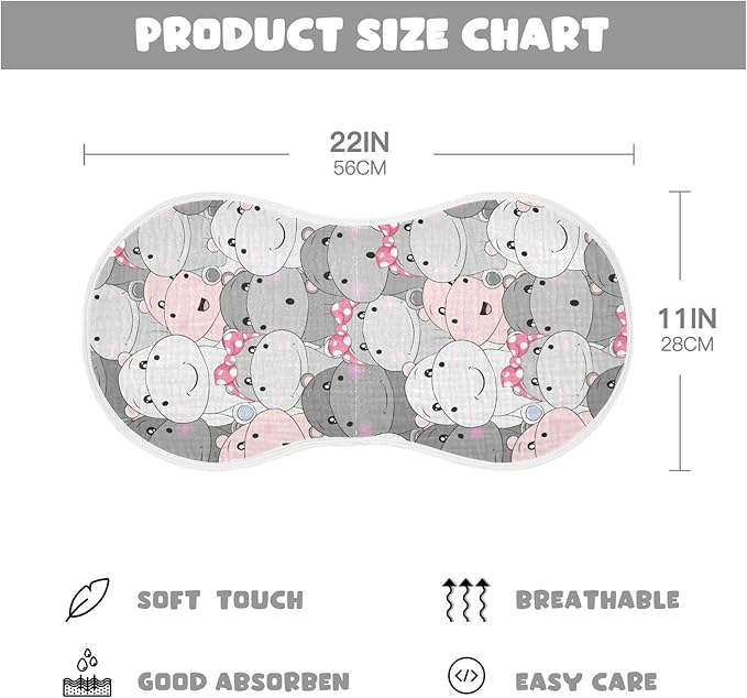 Muslin Burp Cloths for Baby Boys and Girls - 2-Pack Ultra Absorbent Cartoon Hippo Muslin Washcloths, Newborn Towel, Milk Spit Up Rags, Burp Cloth Bibs for Unisex, 22 x 11 Inch