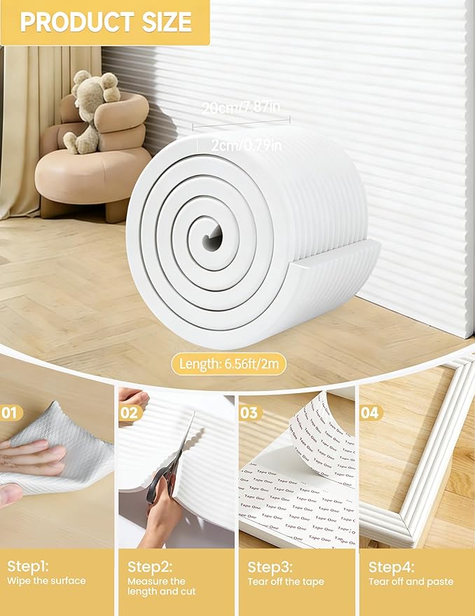 7.9''W Extra-Wide Edge Protector, 6.56FT 0.79''Th Baby Proofing Corner Guards, Safety Furniture Bumper, Pre-Taped, Thick Soft Rubber Foam Padding for Fireplace Table Stair Cabinet (White Gray)