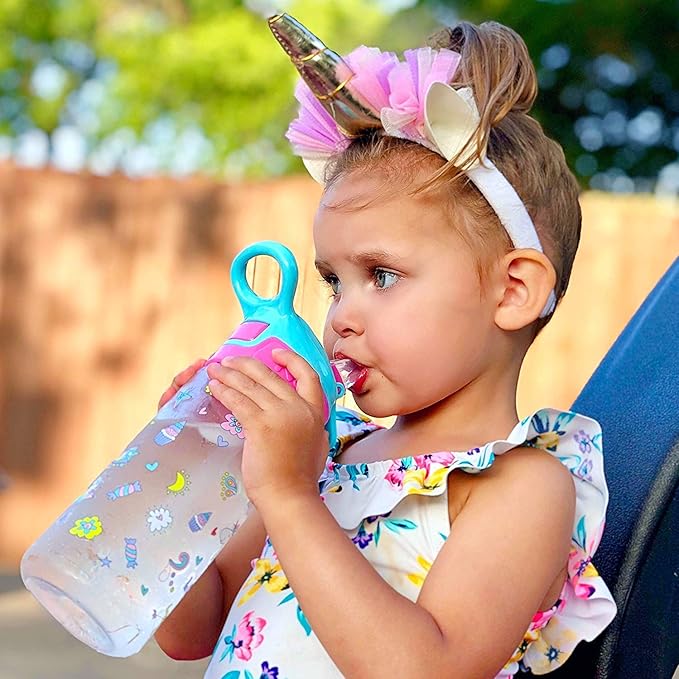 Nuby Push Button Flip-it Soft Spout Tritan Water Bottle, Pink Unicorns, 18 Oz