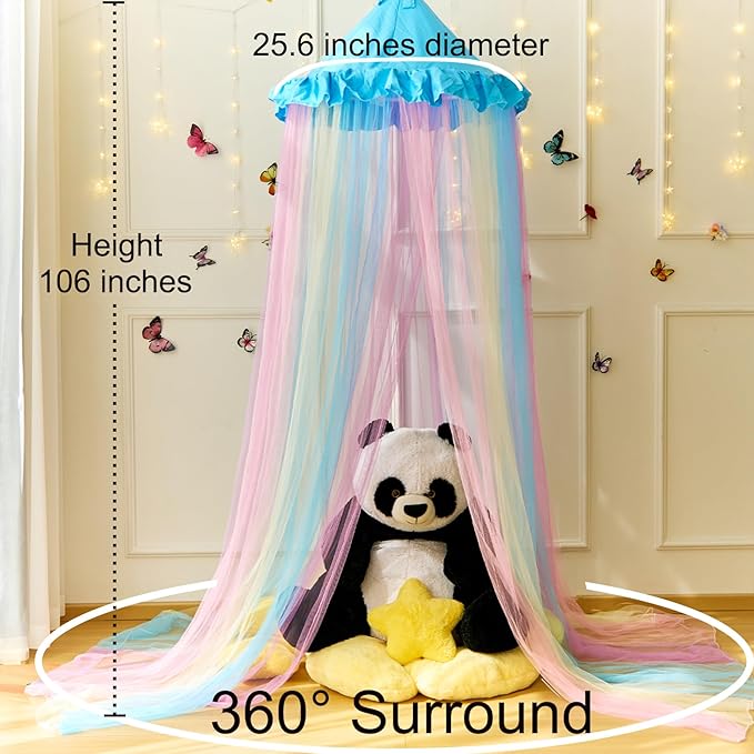 Blue Rainbow Bed Canopy Twin Size Breathable Canopy Bed Curtain for Bed,Princess Play Tent for Girls Bedroom Decoration Reading Nook