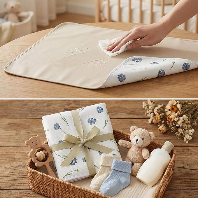 Baby Diaper Changing Pad, 19.7"x25.6" Waterproof Changing Pad Liners with 100% Muslin Cotton Front Top and Leather Back, Soft and Absorbent Portable Changing Mat for Travel, Changing Station