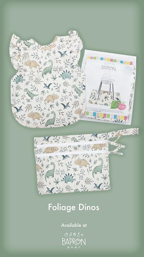BapronBaby Flutter Foliage Dinos Bapron - No Neck Tie Safer Bib for Baby & Toddler - Soft Waterproof Stain Resistant - Machine Washable - Sz Baby/Toddler 6m-3T
